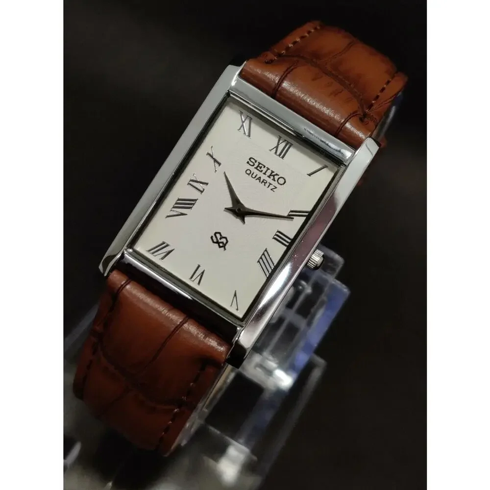 Vintage Style Seiko Quartz Mens Silver Watch & White accents W/ Leather Strap